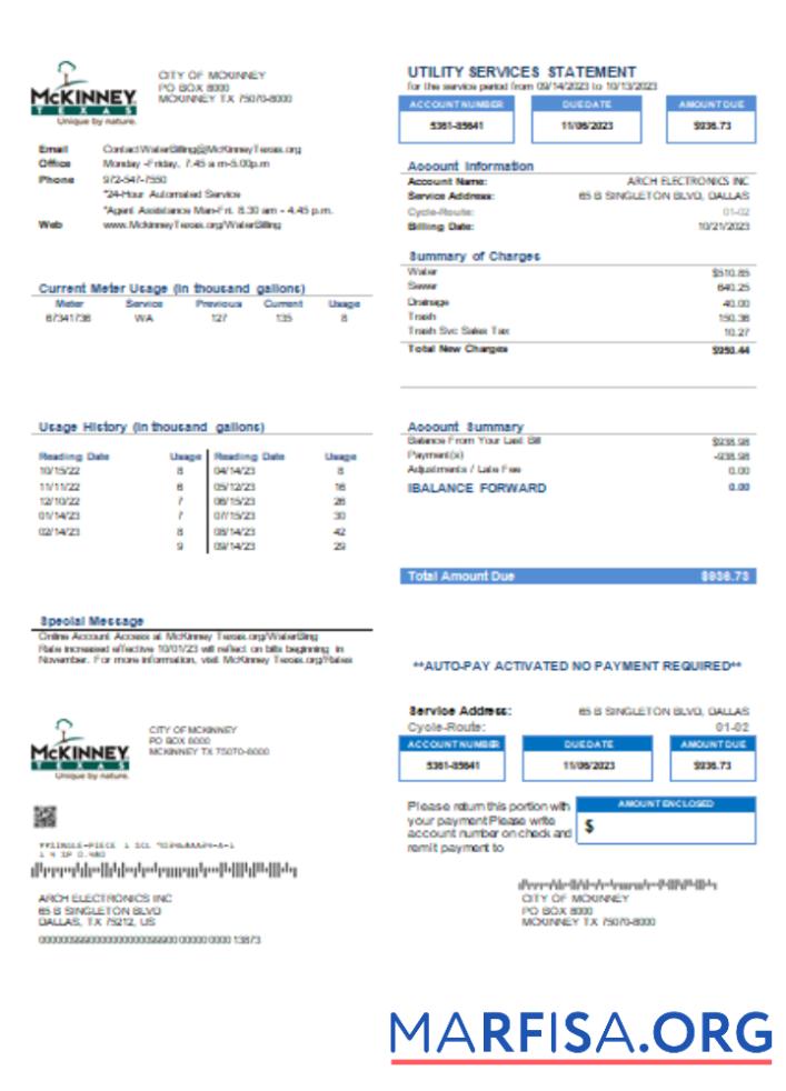 Printable City of McKinney utility business bill, SCR template